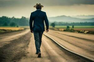 een Mens in een pak en hoed wandelingen naar beneden een aarde weg. ai-gegenereerd foto