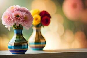 twee kleurrijk vazen met bloemen in hen Aan een tafel. ai-gegenereerd foto