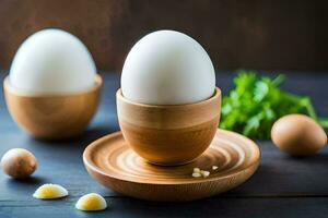 twee eieren in houten cups Aan een tafel. ai-gegenereerd foto