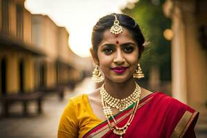 een mooi Indisch vrouw in een rood sari. ai-gegenereerd foto