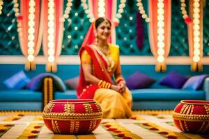 een mooi Indisch bruid zit Aan de verdieping met haar bruiloft decoraties. ai-gegenereerd foto
