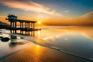 de zon sets over- een pier Aan de strand. ai-gegenereerd foto