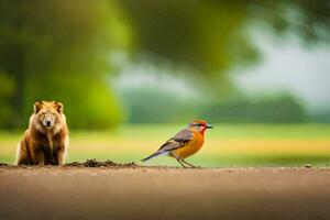 een vogel en een beer staand Aan de grond. ai-gegenereerd foto