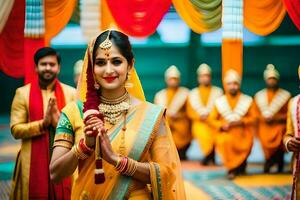 Indisch bruiloft ceremonie met bruid en bruidegom in traditioneel kleding. ai-gegenereerd foto