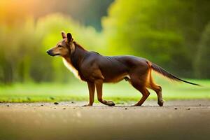 een hond is wandelen Aan een weg in de midden- van een veld. ai-gegenereerd foto