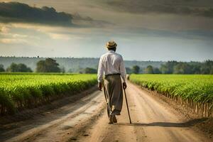 een Mens wandelen naar beneden een aarde weg in een veld. ai-gegenereerd foto