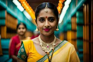 een vrouw in een geel sari met goud sieraden. ai-gegenereerd foto