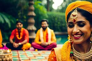 een vrouw in traditioneel Indisch kleding glimlacht terwijl zittend Aan de grond. ai-gegenereerd foto