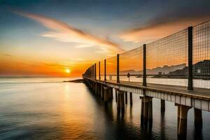 een lang houten pier met een hek in voorkant van de oceaan. ai-gegenereerd foto