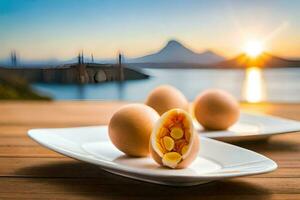 eieren Aan een bord met een visie van de zonsondergang. ai-gegenereerd foto
