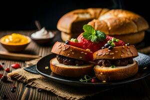 twee hamburgers Aan een bord met een broodje. ai-gegenereerd foto