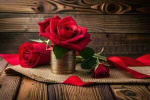 rood rozen in een blik vaas Aan een houten tafel. ai-gegenereerd foto