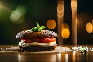 een Hamburger met kaas en tomaat Aan een houten tafel. ai-gegenereerd foto