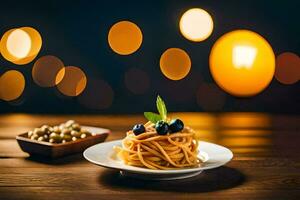 spaghetti met olijven Aan een bord. ai-gegenereerd foto