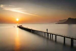 een Mens staat Aan een pier op zoek uit naar zee Bij zonsondergang. ai-gegenereerd foto
