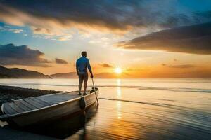 Mens staand Aan de boot Bij zonsondergang. ai-gegenereerd foto