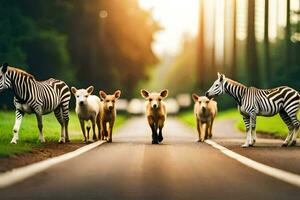 een groep van zebra's en een varken kruispunt een weg. ai-gegenereerd foto