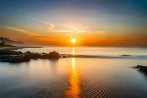 de zon stijgt over- de oceaan en rotsen. ai-gegenereerd foto