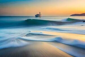 een boot in de oceaan Bij zonsondergang met golven. ai-gegenereerd foto