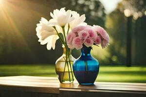 twee vazen met bloemen Aan een tafel in de zon. ai-gegenereerd foto