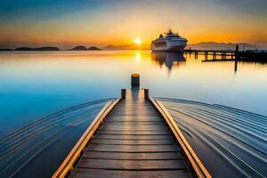 een houten dok Leidt naar een reis schip Bij zonsondergang. ai-gegenereerd foto