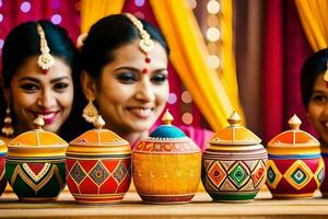 drie Dames in Indisch jurk Holding kleurrijk potten. ai-gegenereerd foto