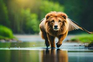 een leeuw wandelen aan de overkant een rivier- met haar Vleugels uit. ai-gegenereerd foto