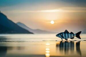 een vis is staand Aan de strand Bij zonsondergang. ai-gegenereerd foto