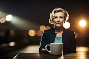 een vrouw Holding een koffie kop in voorkant van een tafel. ai-gegenereerd foto