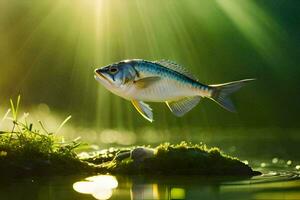 vis jumping over- water met zonlicht schijnend door. ai-gegenereerd foto