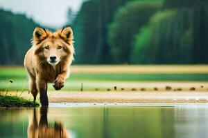 een leeuw wandelen aan de overkant een meer. ai-gegenereerd foto