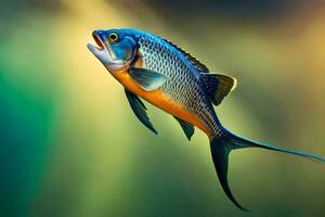 een vis met een blauw en oranje lichaam is vliegen. ai-gegenereerd foto