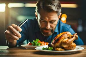 een Mens is aan het eten een kip Aan een bord. ai-gegenereerd foto