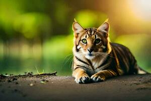 een tijger is zittend Aan de grond in voorkant van een vijver. ai-gegenereerd foto