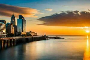 een stad horizon Bij zonsondergang met een pier en water. ai-gegenereerd foto