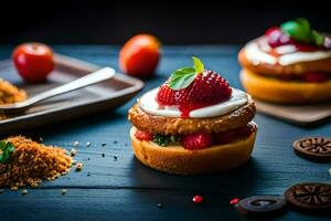 twee mini cakes met aardbeien en room Aan een tafel. ai-gegenereerd foto