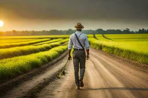 een Mens in een hoed en hoed wandelen naar beneden een aarde weg. ai-gegenereerd foto