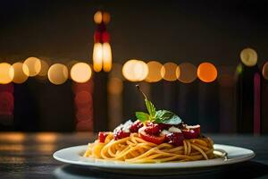 spaghetti met tomaat en basilicum Aan een bord. ai-gegenereerd foto