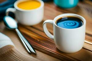 een kop van koffie met een lepel en lepel Aan een houten tafel. ai-gegenereerd foto