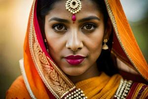 een mooi Indisch vrouw vervelend een sari. ai-gegenereerd foto