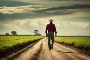 een Mens in een hoed wandelingen naar beneden een aarde weg. ai-gegenereerd foto