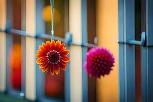 twee kleurrijk bloemen hangende van een schutting. ai-gegenereerd foto