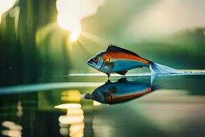 een vis is drijvend in de water met de zon in de achtergrond. ai-gegenereerd foto