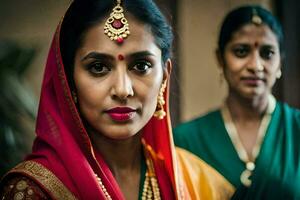 een vrouw in traditioneel Indisch kleding en sieraden. ai-gegenereerd foto