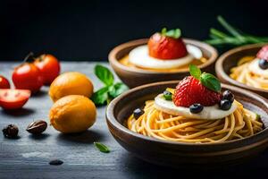 spaghetti met tomaten, basilicum en kaas in een houten schaal. ai-gegenereerd foto