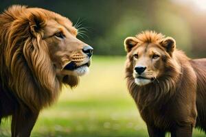 twee leeuwen staand in de gras. ai-gegenereerd foto