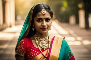 mooi Indisch bruid in traditioneel sari. ai-gegenereerd foto