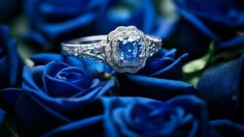 fotograaf een elegant verloving ring met een stralend lapis lazuli genesteld binnen een bed van rozen. generatief ai foto