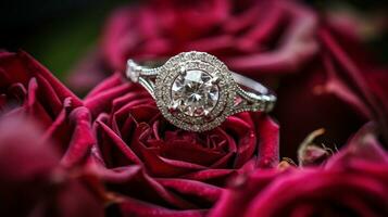 fotograaf een elegant verloving ring met een stralend smaragd genesteld binnen een bed van rozen. generatief ai foto