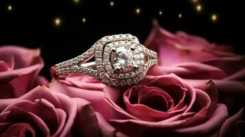 fotograaf een elegant verloving ring met een stralend diamant genesteld binnen een bed van rozen. generatief ai foto